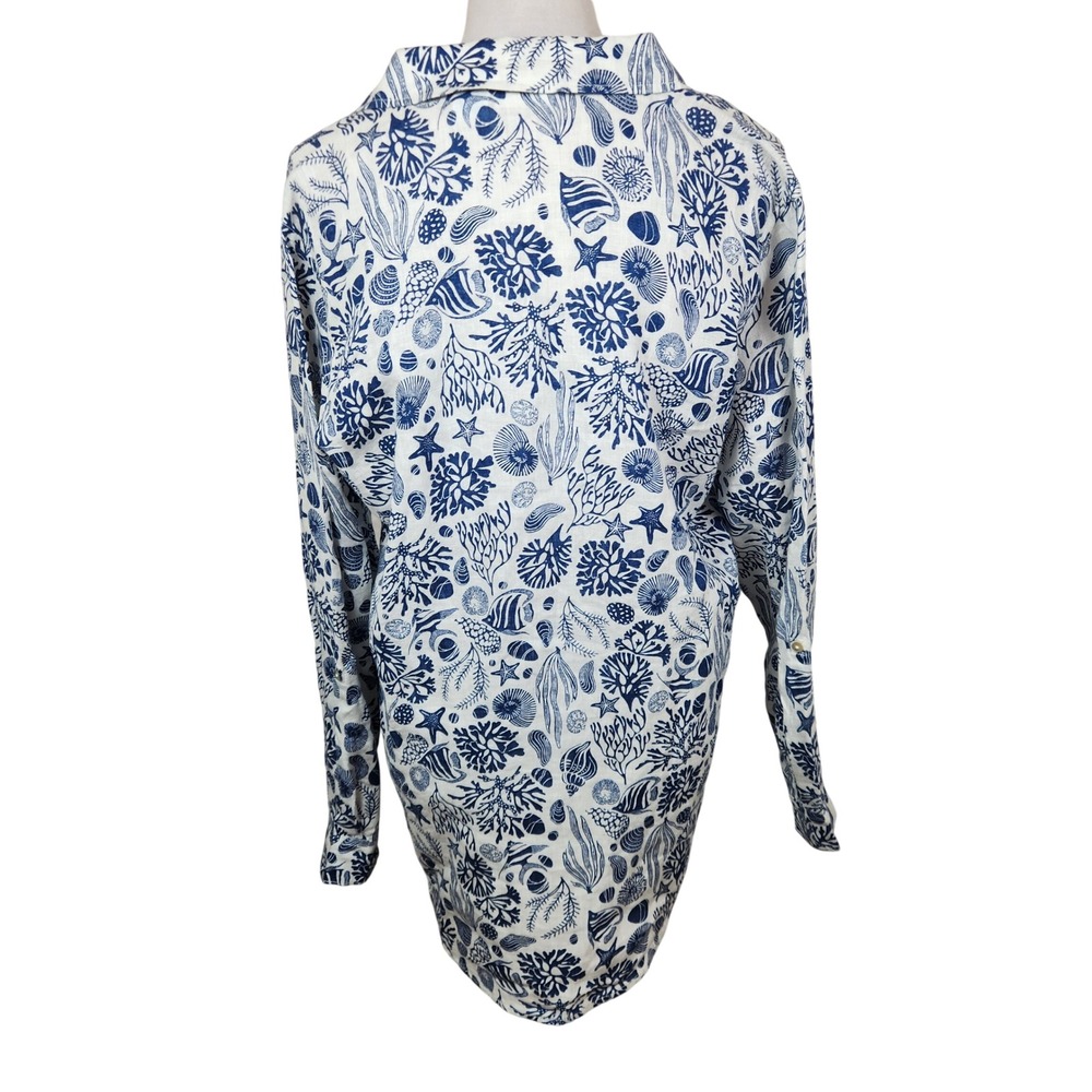 Sigrid Olsen Womens Top Blue White Coral Sea Life Print 100% Linen Button Down L - Picture 4 of 9